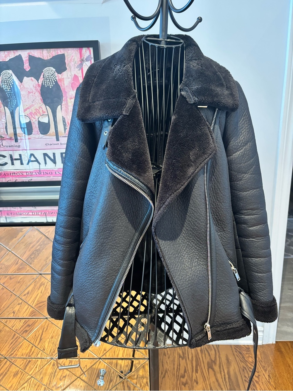 Zara Classic Black Faux Shearling Moto Jacket - Women